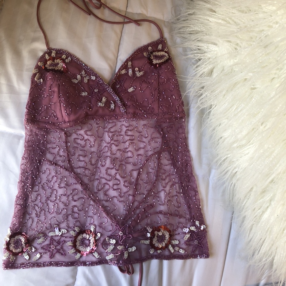Mauve, mesh, beaded blouse
